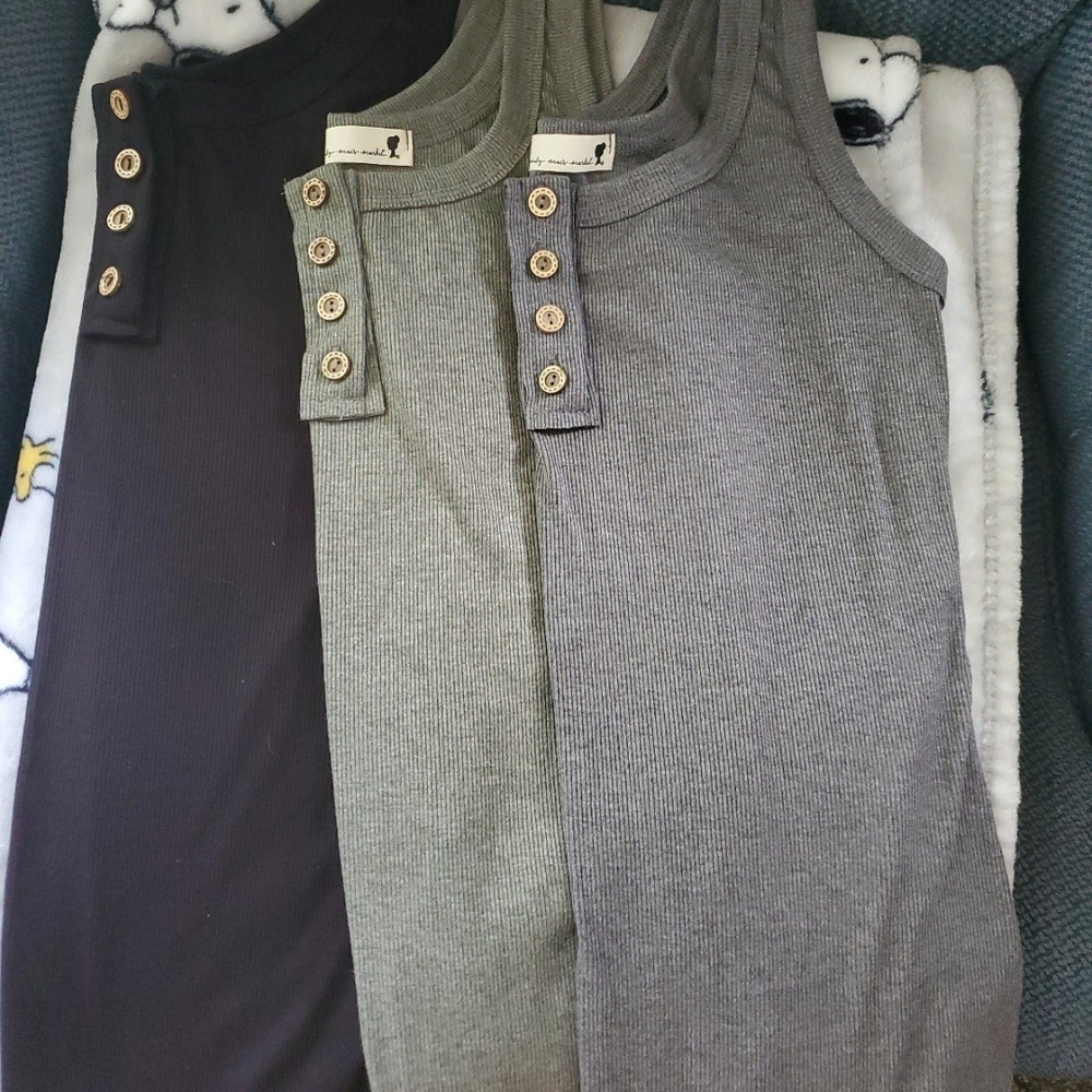 Set of Three Ribbed Tank Tops with Button Detail